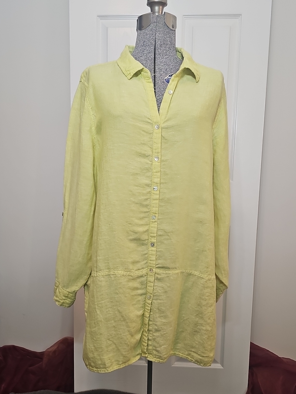 Tahari Essentials Lime Green 100 Linen Roll Tab Sleeve Tunic Shirt Plus 1X